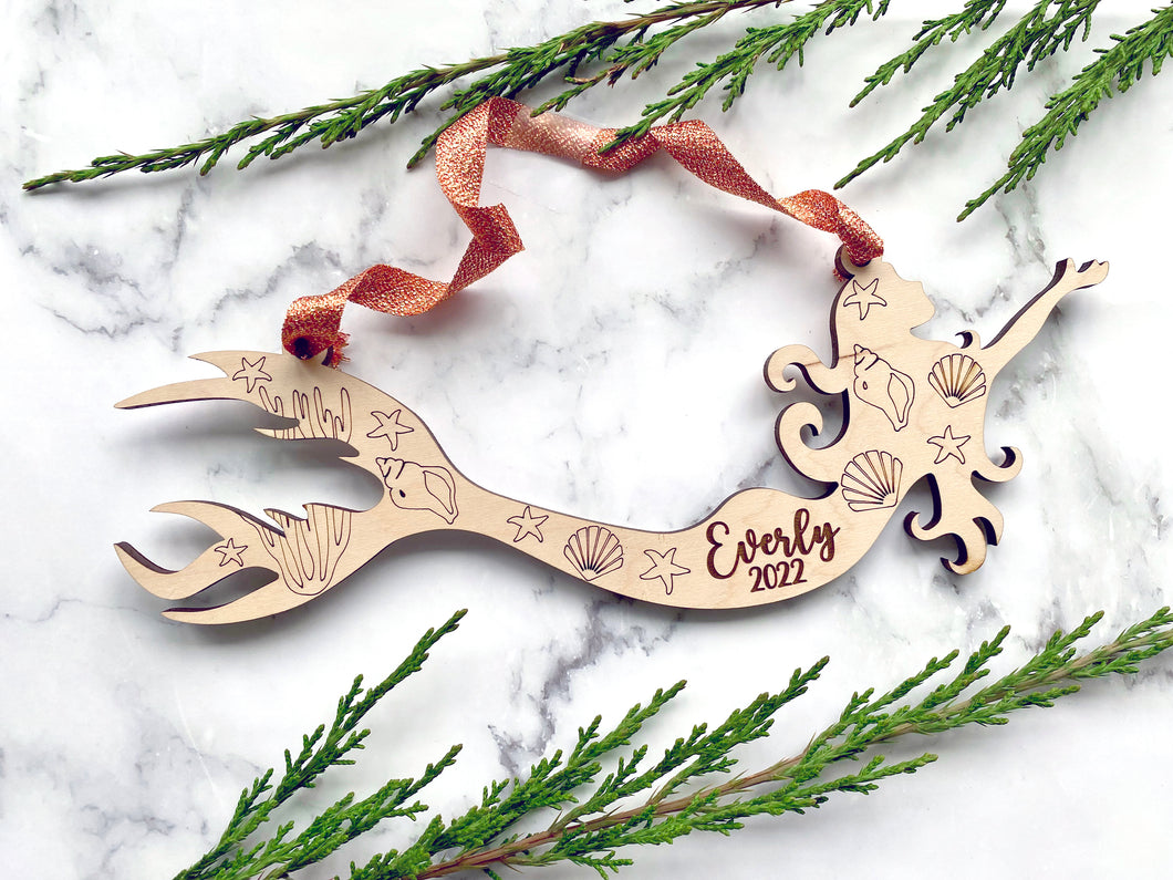 Custom Wood Mermaid Ornament, Personalized with Child's name and year