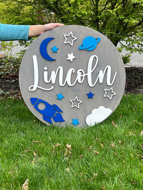 Customized Baby Name Sign, Children's Nursery Decor, Personalized Wood Sign with 3D Space Rocket Ship Theme, Kids Room