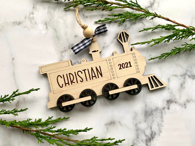 Train Wood Engraved Ornament, Personalized Vehicle with name, Christmas Tree Decor