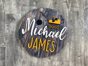 Customized Baby Name Sign, Children's Nursery Decor, Personalized Wood Sign with 3D Construction Theme, Kids Room, Boys, Hand Painted